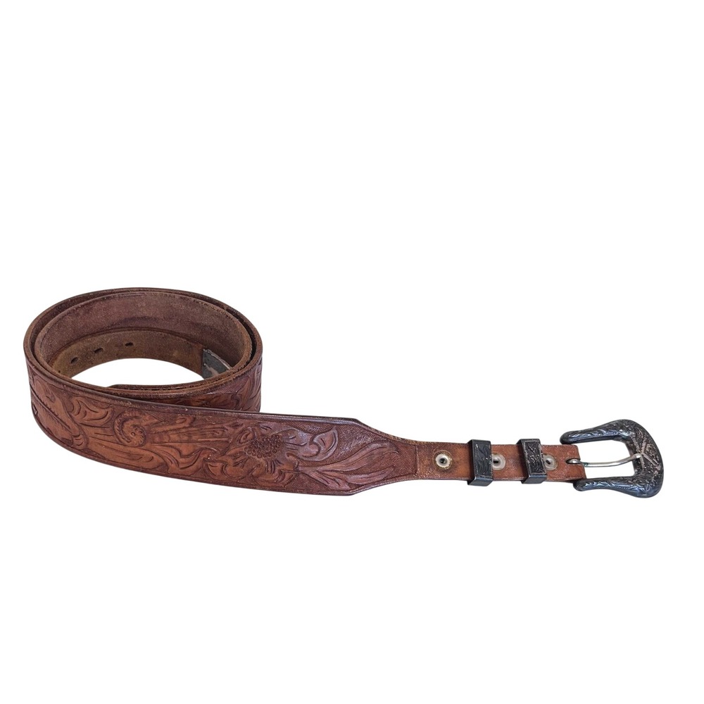 Vintage Live Oak Hand Tooled Leather Belt Brown Flower Leaves Western Mens 38 40